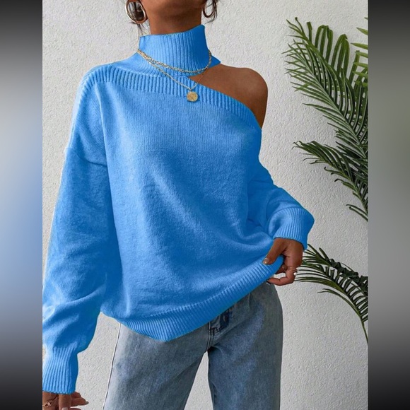 Luxe cold shoulder asymmetrical neck sweater top - Picture 2 of 5